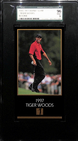1997-98 Grand Slam Ventures Masters Collection Tiger Woods RC Golf Rookie Card Graded SGC 9 Mint (96)